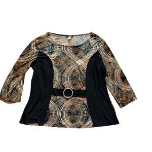 Stretch Three Quarter Length Sleeve Embellished Waist Top Black Gold Size 2